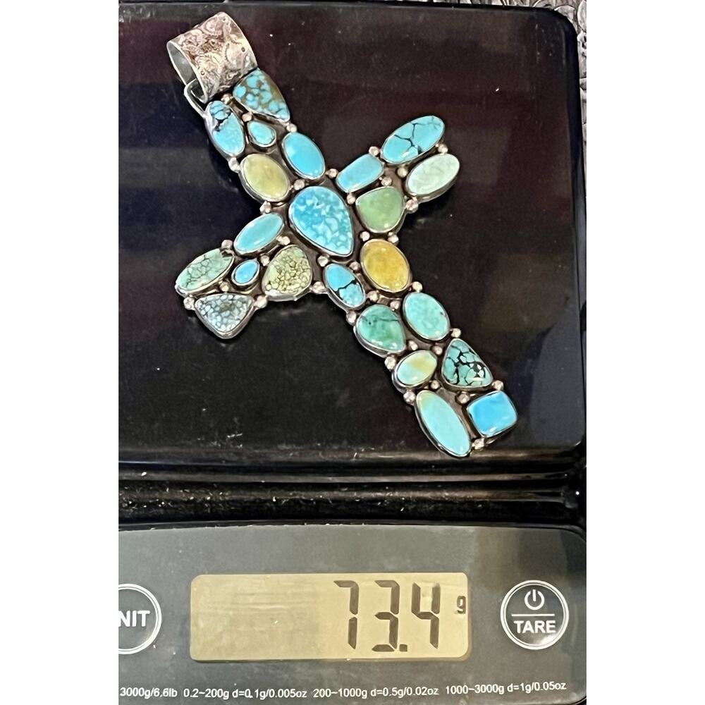 VTG Zuni Turquoise Cluster Sterling Silver Cross Pendant by B Bowekaty 73.4g - Picture 14 of 14